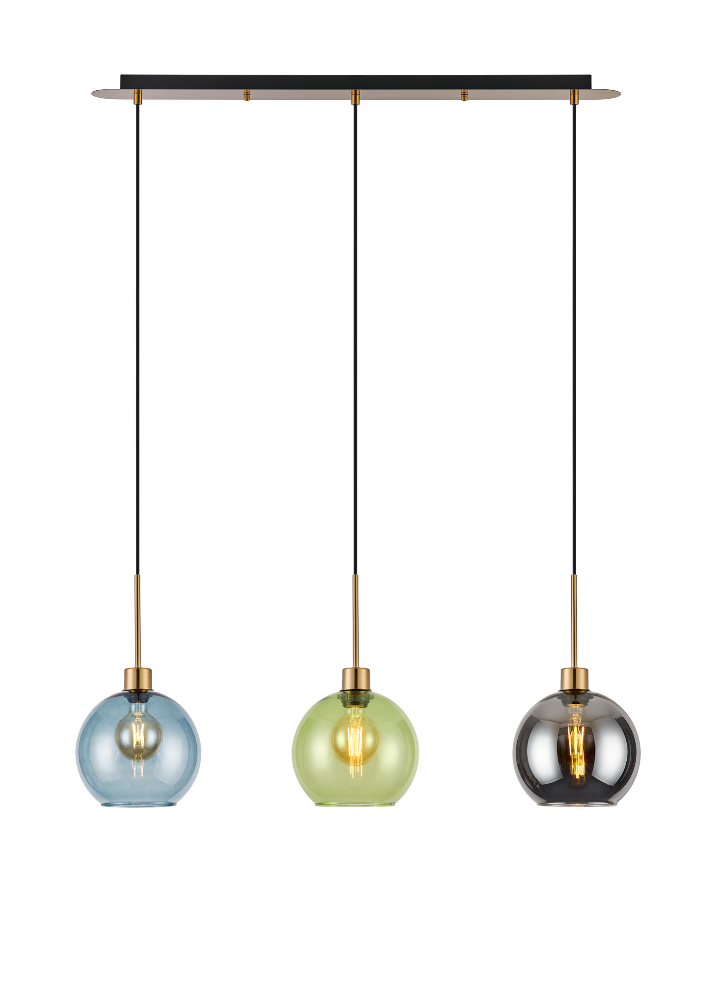 DK1213  Lori Linear Pendant, 3 Light Adjustable E27, Antique Gold/Blue/Green/Smoke Open Mouth Round Globe Shades